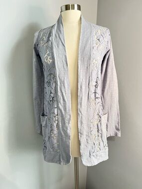 LOGO by Lori Goldstein Size XXS Gray Blue Open Front Slub Cardigan w/Lace Detail